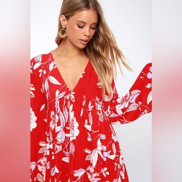 Free People Bella Red Floral Print Tunic Mini Dress Sz.  XS - Picture 6 of 15